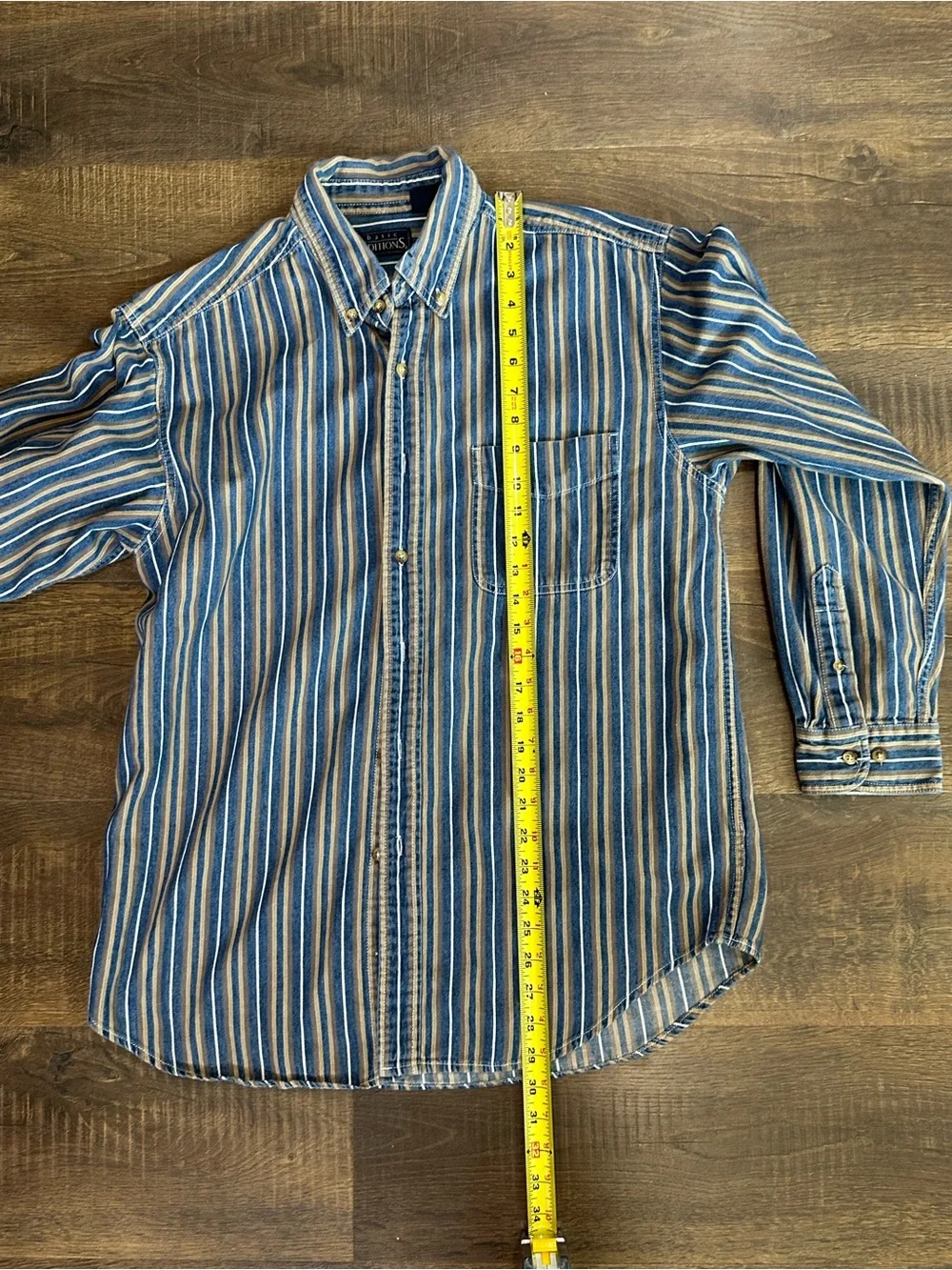 Basic Editions Men’s Striped Button Down Shirt Medium Blue Tan 100% Cotton